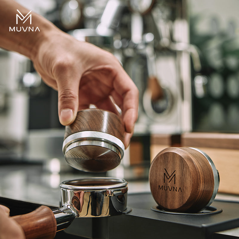 MUVNA Espresso Walnut Handle Stainless Steels Base Distributor Tamper